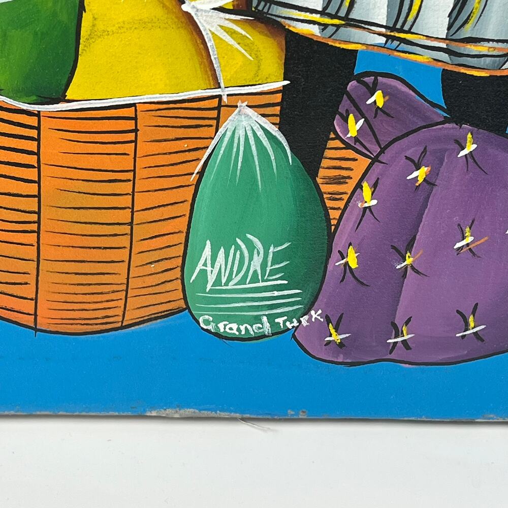 Andre Grand Turk Signed Caribbean Folk Art Canvas Painting Market Scene 18"x24" - Picture 6 of 16